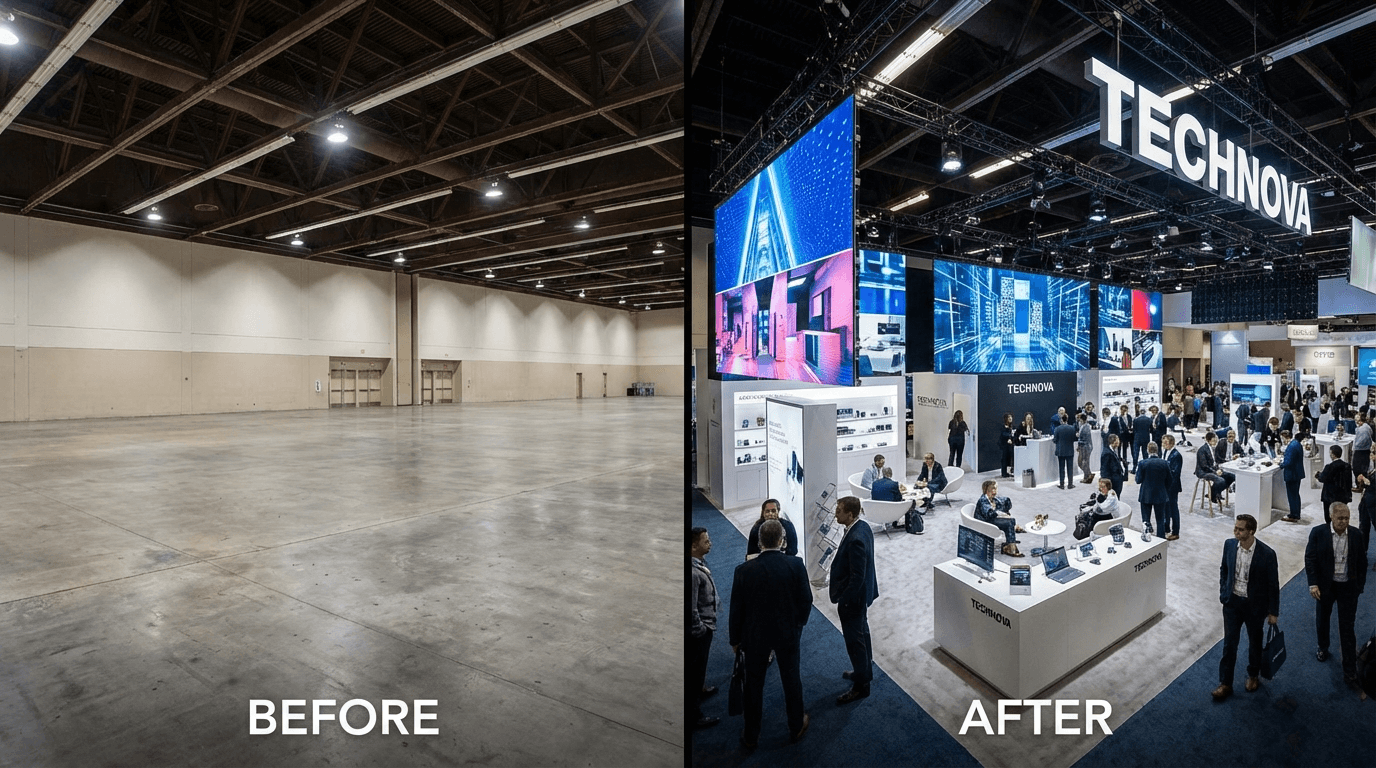 Antes/despues: ejemplos de stands de eventos visualizados por IA
